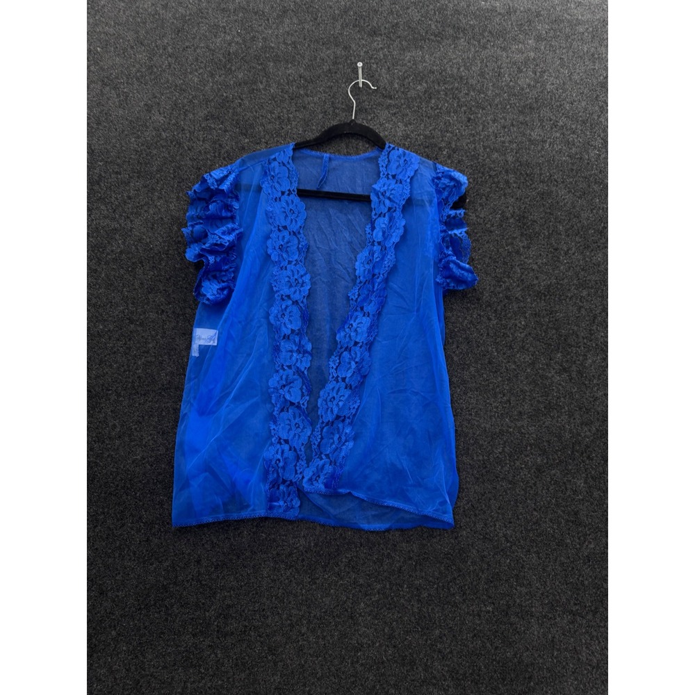 Alana Gale Vintage Sheer Royal Blue Lace Trim Ruffle Mesh Robe Large 37014